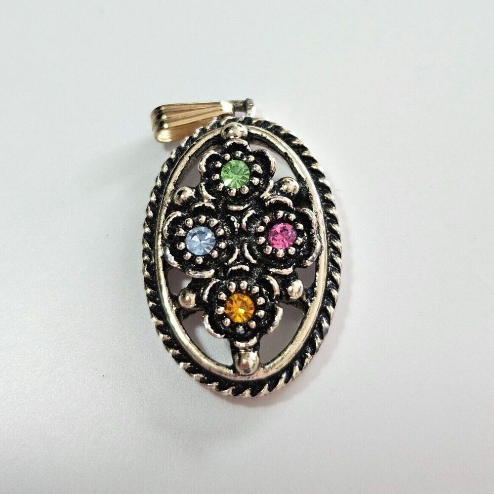Vintage gold tone Emmons rhinestone pendant colorful oval